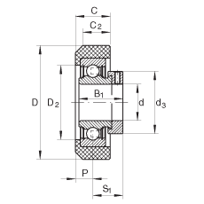 外球面球軸承 RCRA20/46-FA106, 帶橡膠插入件，偏心鎖圈定位， 兩側 P 型密封
